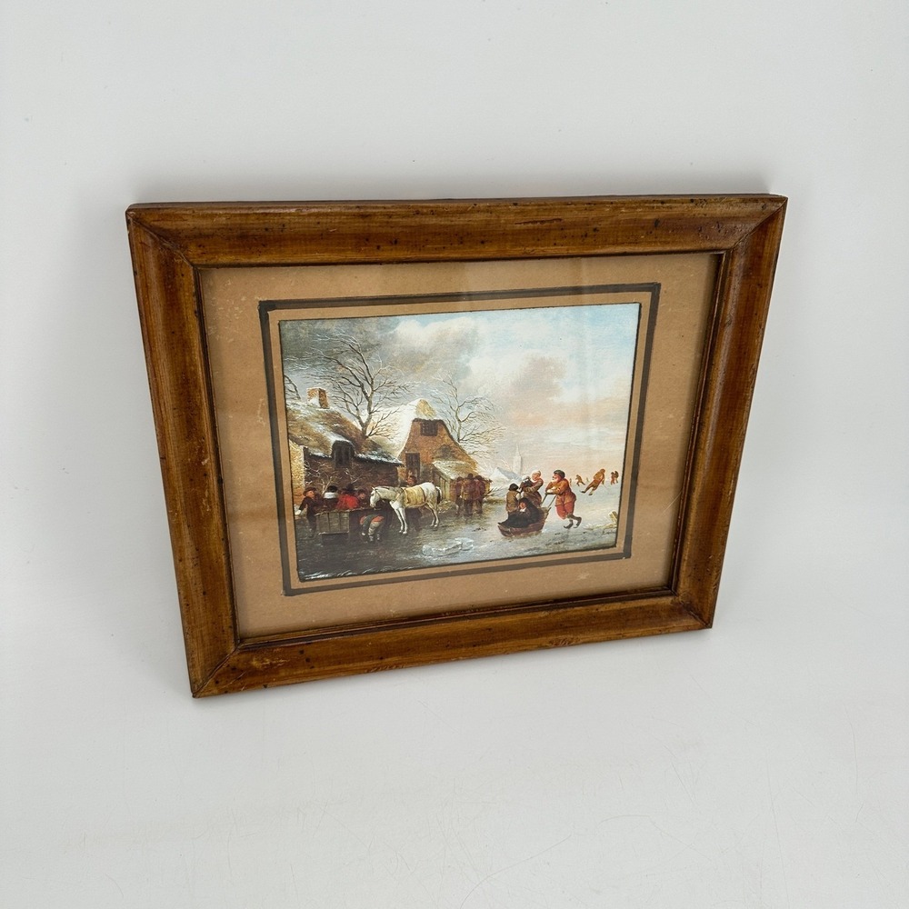Vintage Framed Winter Village Scene Art Print Wooden Frame Ice Skating Sledding